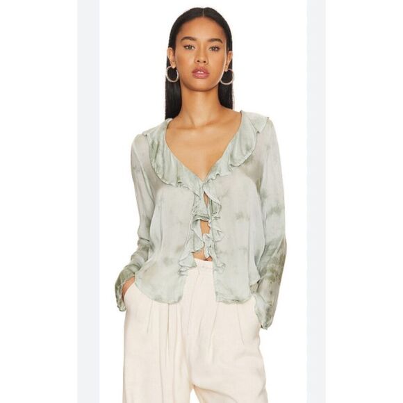 Free People Womens Sascha Ruffled Frill Long Sleeve Blouse‎ Muted Green Medium - Picture 1 of 11